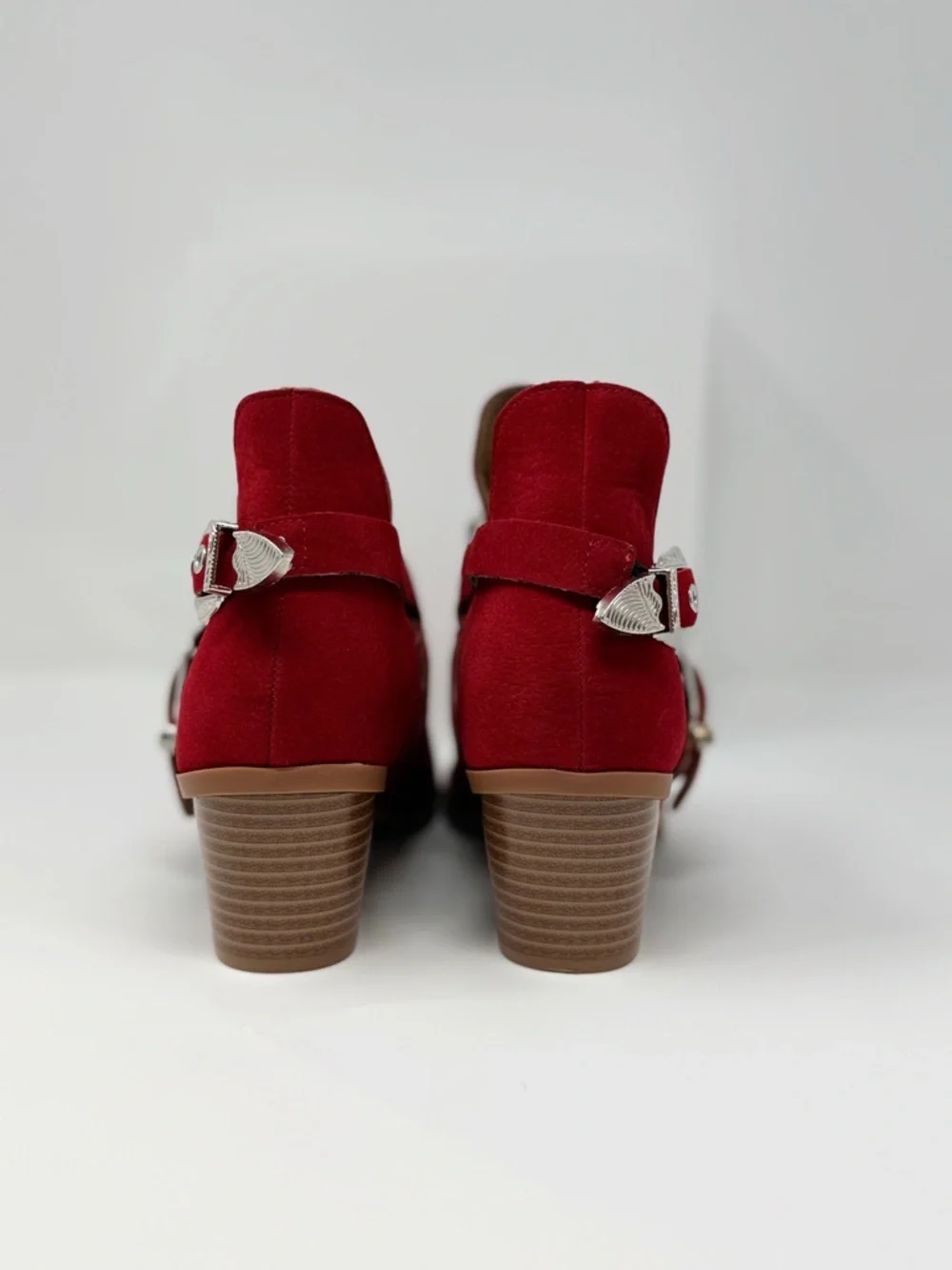 Red Rhinestone Western Ankle Boots Studded Cutout Buckle Booties Size 8 EU 39 - Picture 15 of 16